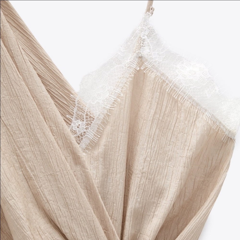 ZARA Asymmetrical Blouse Lace Cami Neutral Beige Blogger Fav XS NWT - Picture 6 of 13